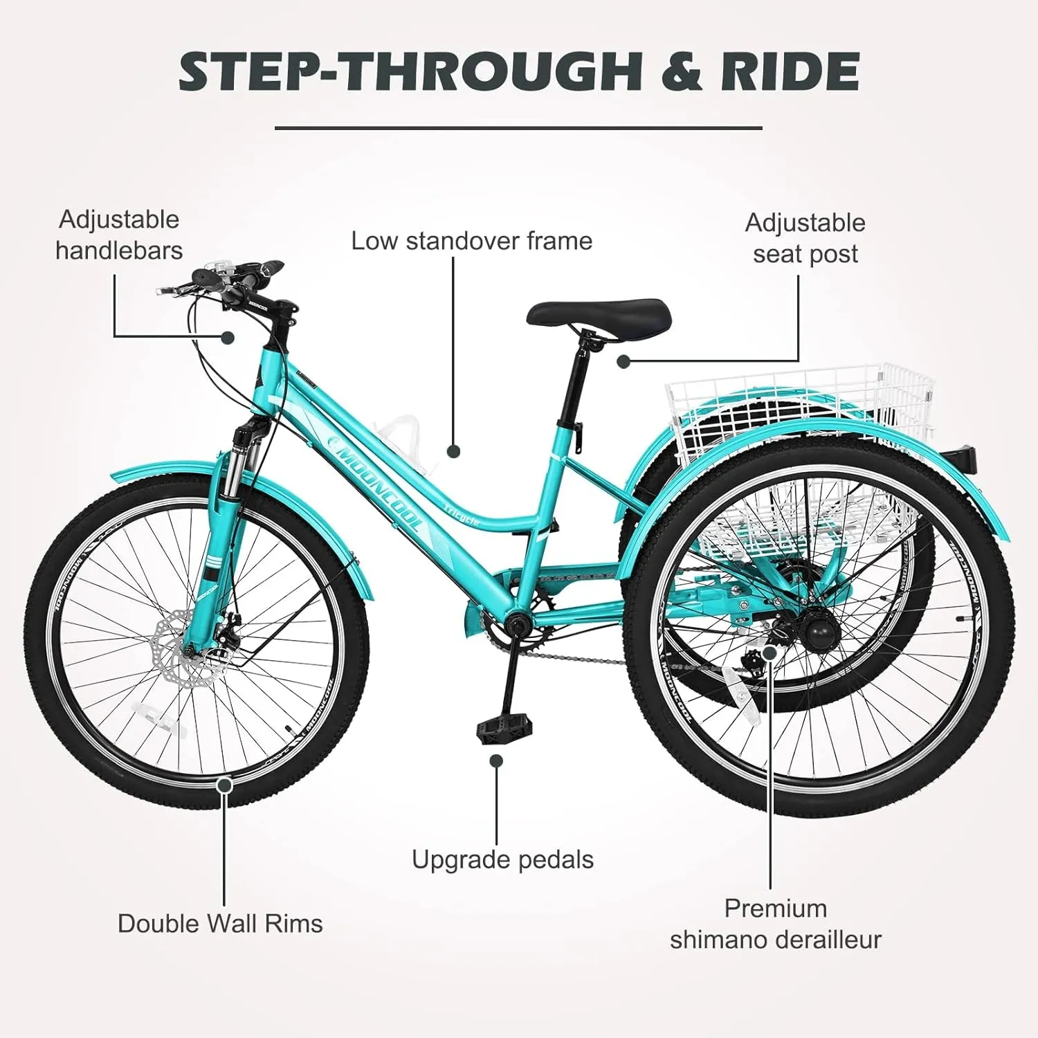 ABORON Adult Mountain Tricycle, 7-Speed 3-Wheel Mountain Bikes 24/26/27.5inch Available, Front Suspension, Disc Brake