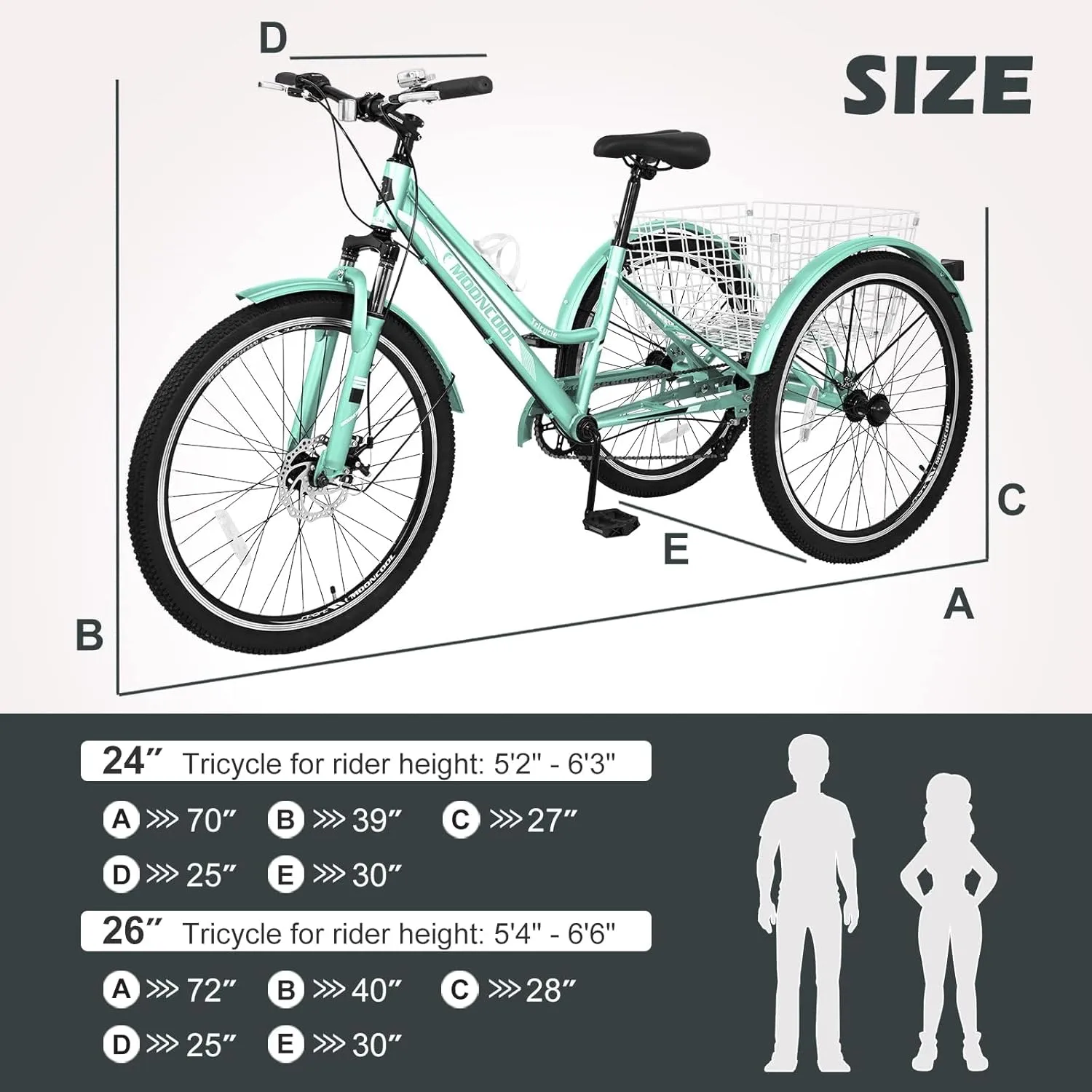 ABORON Adult Mountain Tricycle, 7-Speed 3-Wheel Mountain Bikes 24/26/27.5inch Available, Front Suspension, Disc Brake