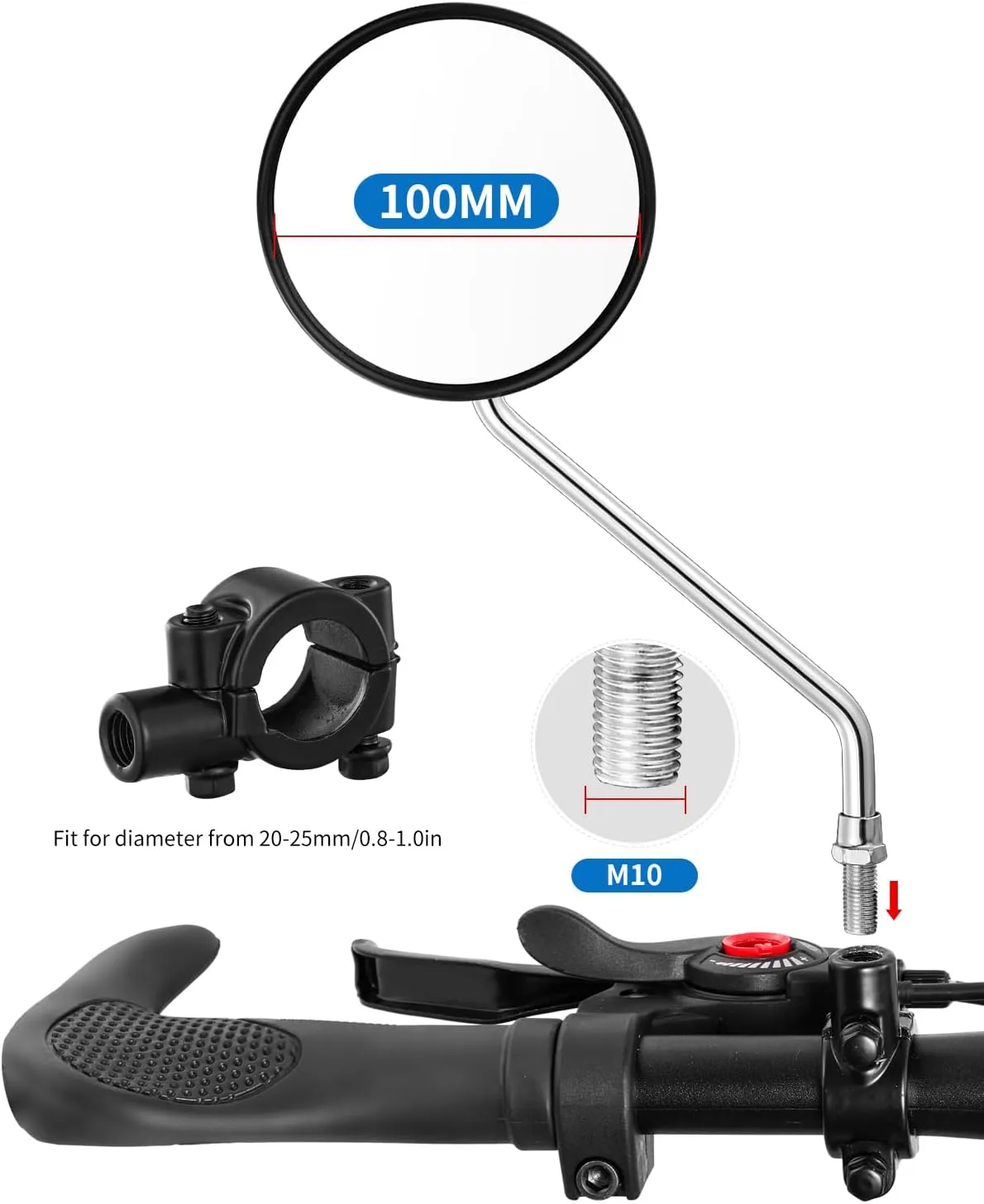 Bike Handlebar Rearview Mirror, Universal Adjustable Rotatable Clear Mirror for Mountain Road Bike Bicycle ebike Motorcycle Scooter Right Left Available with Bolt 10mm (2 Pcs)