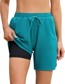 difficort Womens Swim Shorts with Compression Liner 7'' Quick-Dry Board Shorts with Zipper Pockets