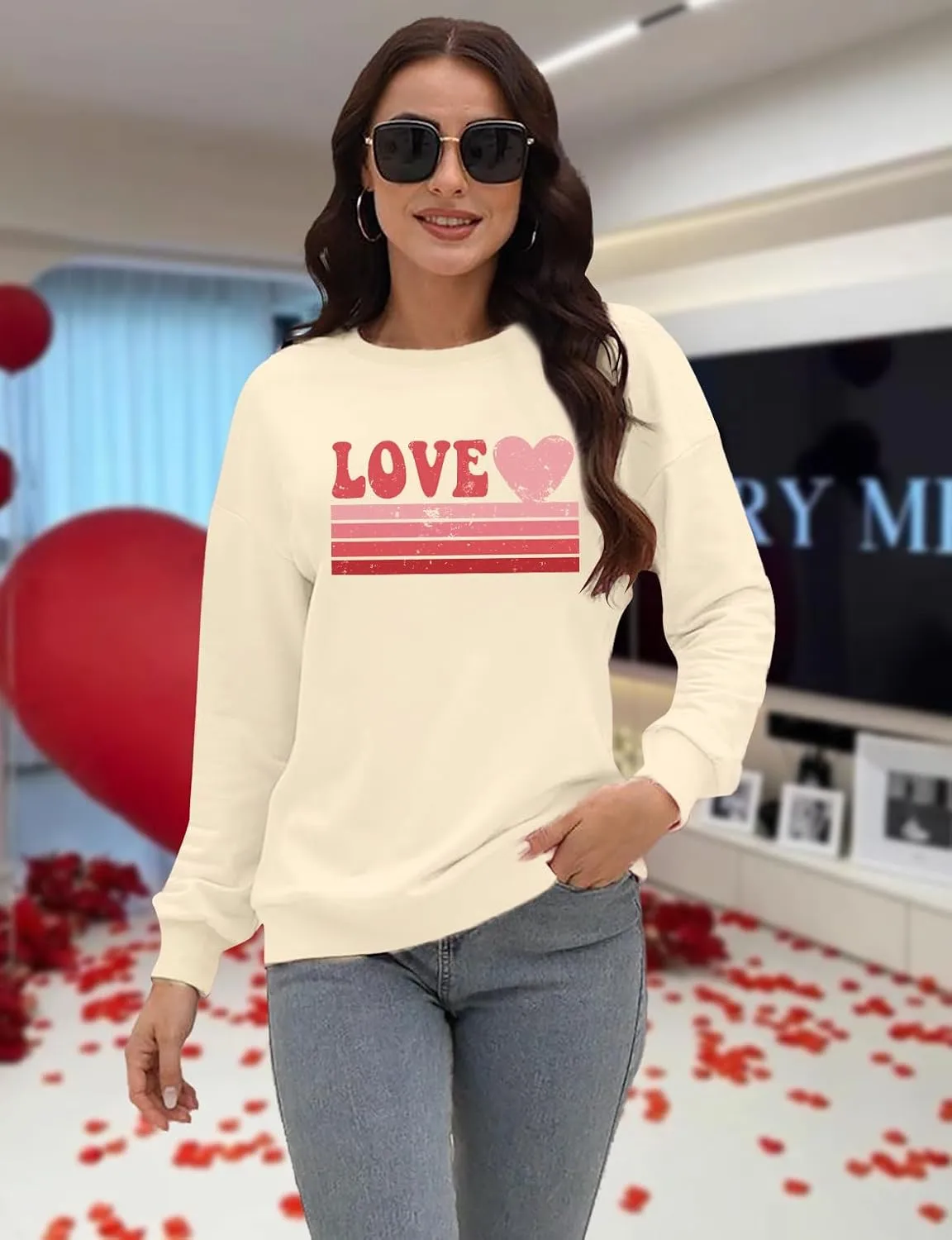 LAZYCHILD Love Heart Sweatshirt for Women Cute Hearts Graphic Pullover Long Sleeve Valentine Shirts Tops