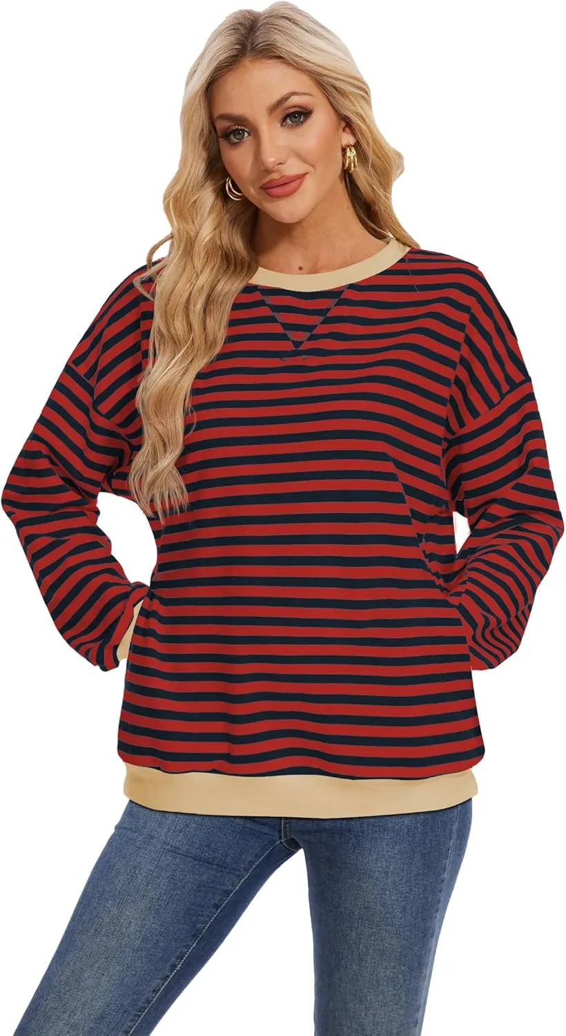 LOZ Women Striped Oversized Sweatshirt Long Sleeve Crewneck Hoodies Shirts Pullover Top Trendy Clothes with Pockets