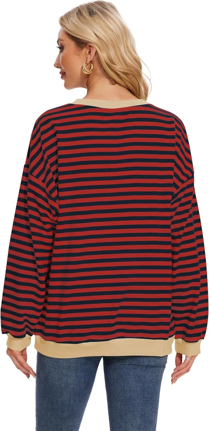 LOZ Women Striped Oversized Sweatshirt Long Sleeve Crewneck Hoodies Shirts Pullover Top Trendy Clothes with Pockets
