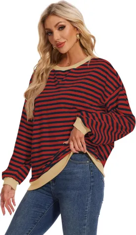 LOZ Women Striped Oversized Sweatshirt Long Sleeve Crewneck Hoodies Shirts Pullover Top Trendy Clothes with Pockets