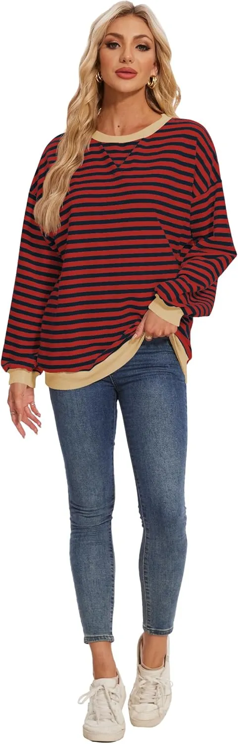 LOZ Women Striped Oversized Sweatshirt Long Sleeve Crewneck Hoodies Shirts Pullover Top Trendy Clothes with Pockets