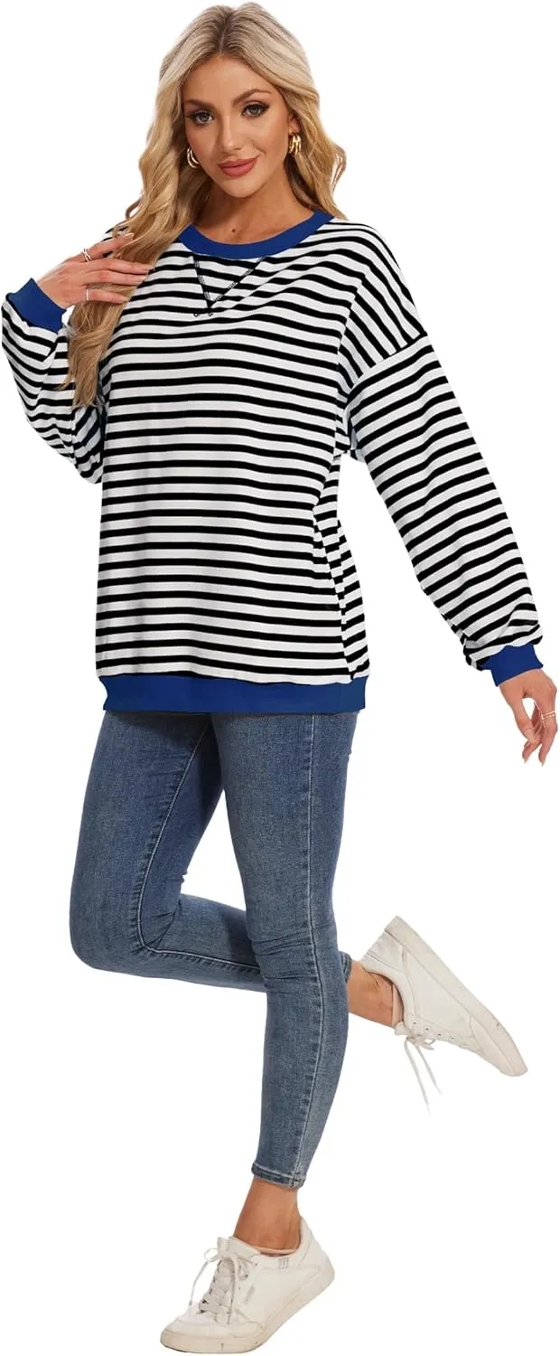 LOZ Women Striped Oversized Sweatshirt Long Sleeve Crewneck Hoodies Shirts Pullover Top Trendy Clothes with Pockets