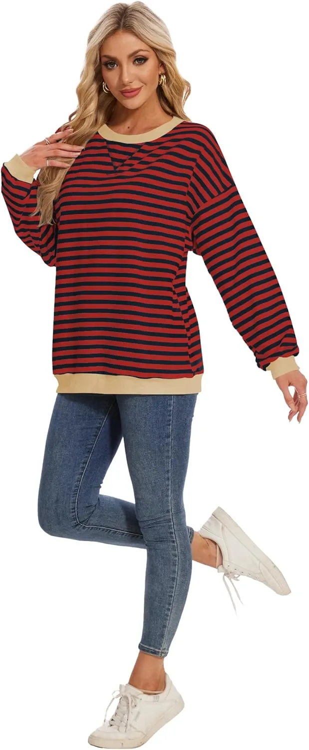 LOZ Women Striped Oversized Sweatshirt Long Sleeve Crewneck Hoodies Shirts Pullover Top Trendy Clothes with Pockets