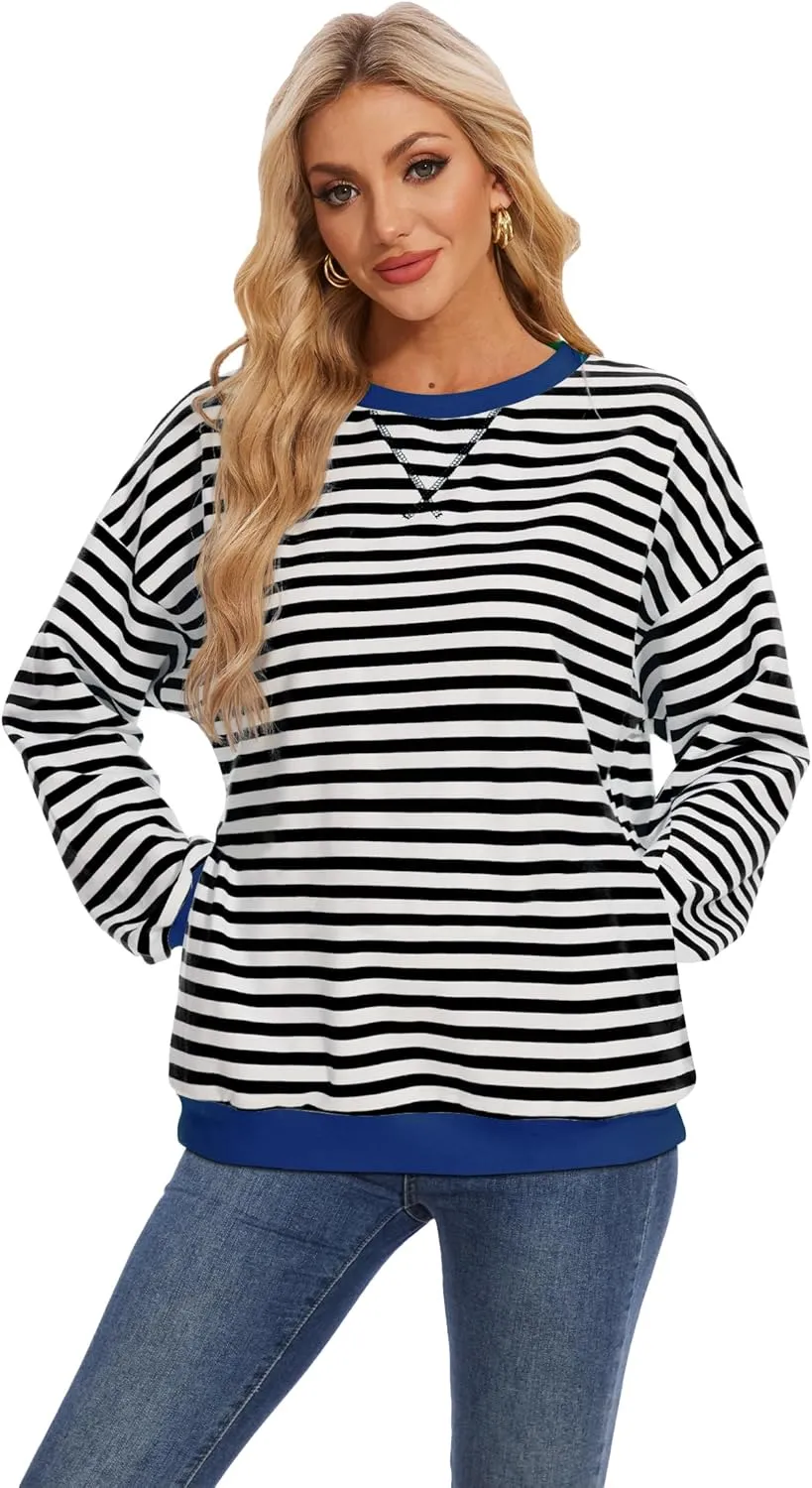 LOZ Women Striped Oversized Sweatshirt Long Sleeve Crewneck Hoodies Shirts Pullover Top Trendy Clothes with Pockets
