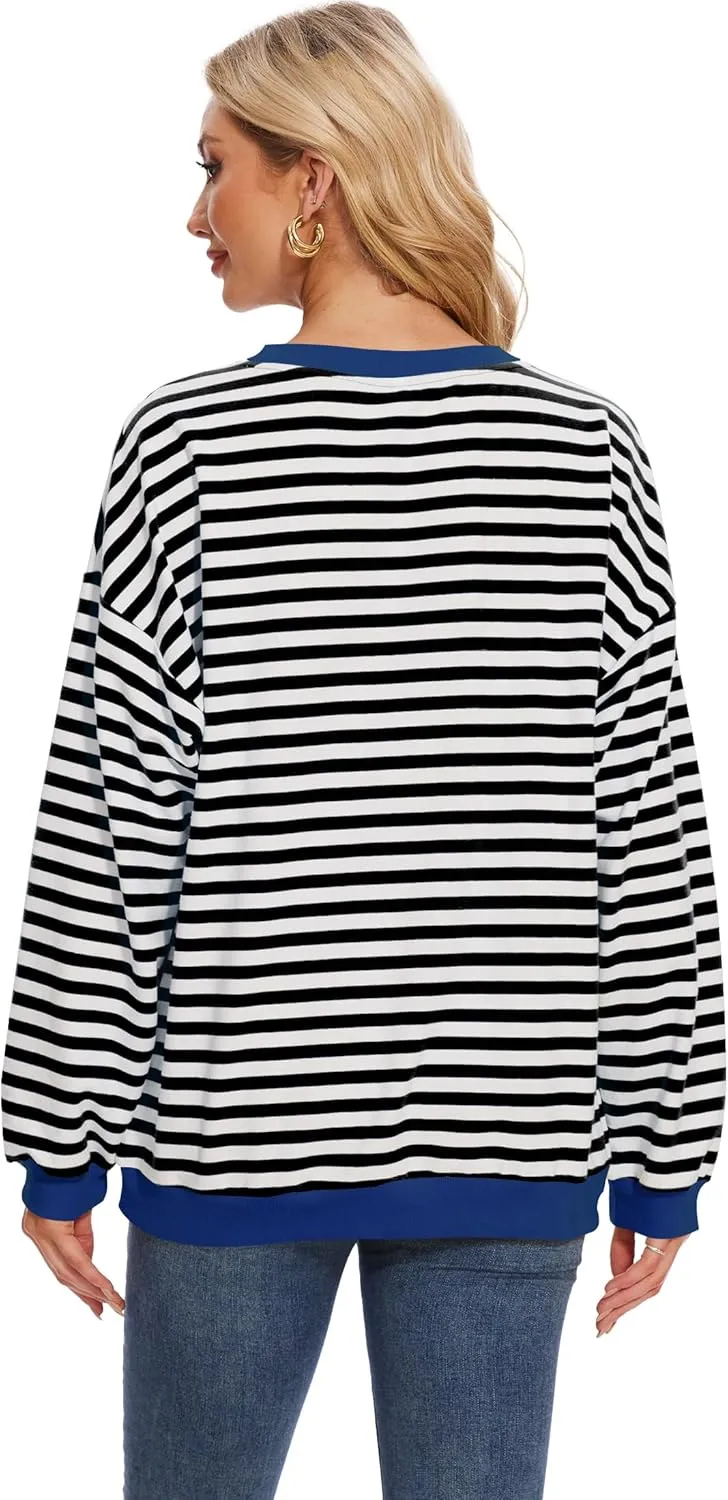 LOZ Women Striped Oversized Sweatshirt Long Sleeve Crewneck Hoodies Shirts Pullover Top Trendy Clothes with Pockets