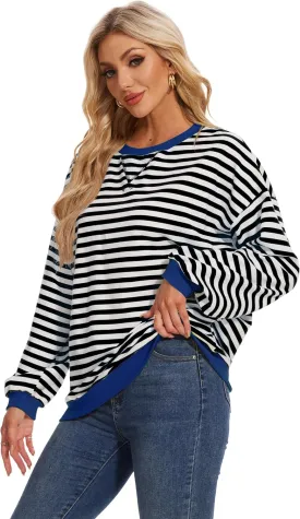 LOZ Women Striped Oversized Sweatshirt Long Sleeve Crewneck Hoodies Shirts Pullover Top Trendy Clothes with Pockets