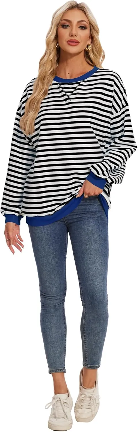 LOZ Women Striped Oversized Sweatshirt Long Sleeve Crewneck Hoodies Shirts Pullover Top Trendy Clothes with Pockets