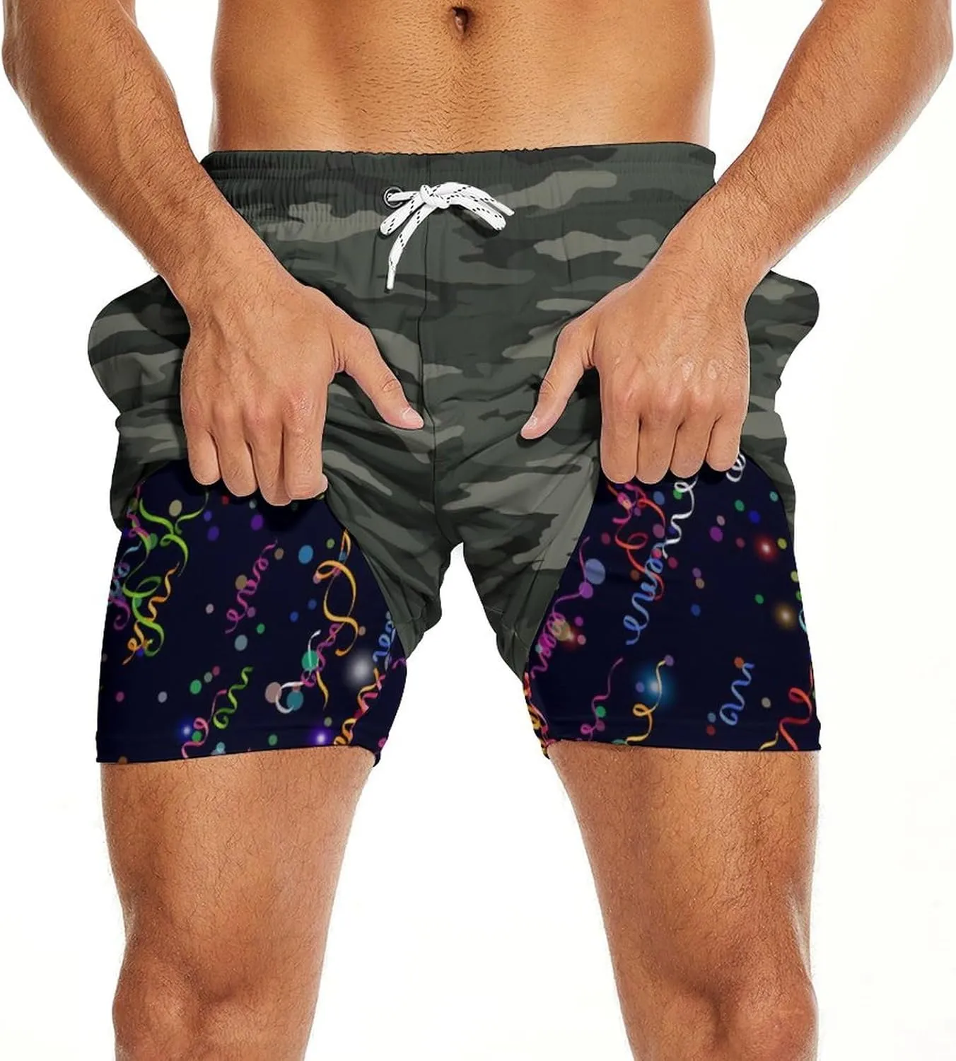 Mens Swim Trunks 2 in 1 Pattern 5 Inch Swimming Beach Shorts Casual Summer Board Shorts with Pockets