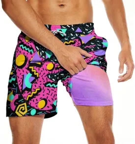 Mens Swim Trunks 2 in 1 Pattern 5 Inch Swimming Beach Shorts Casual Summer Board Shorts with Pockets