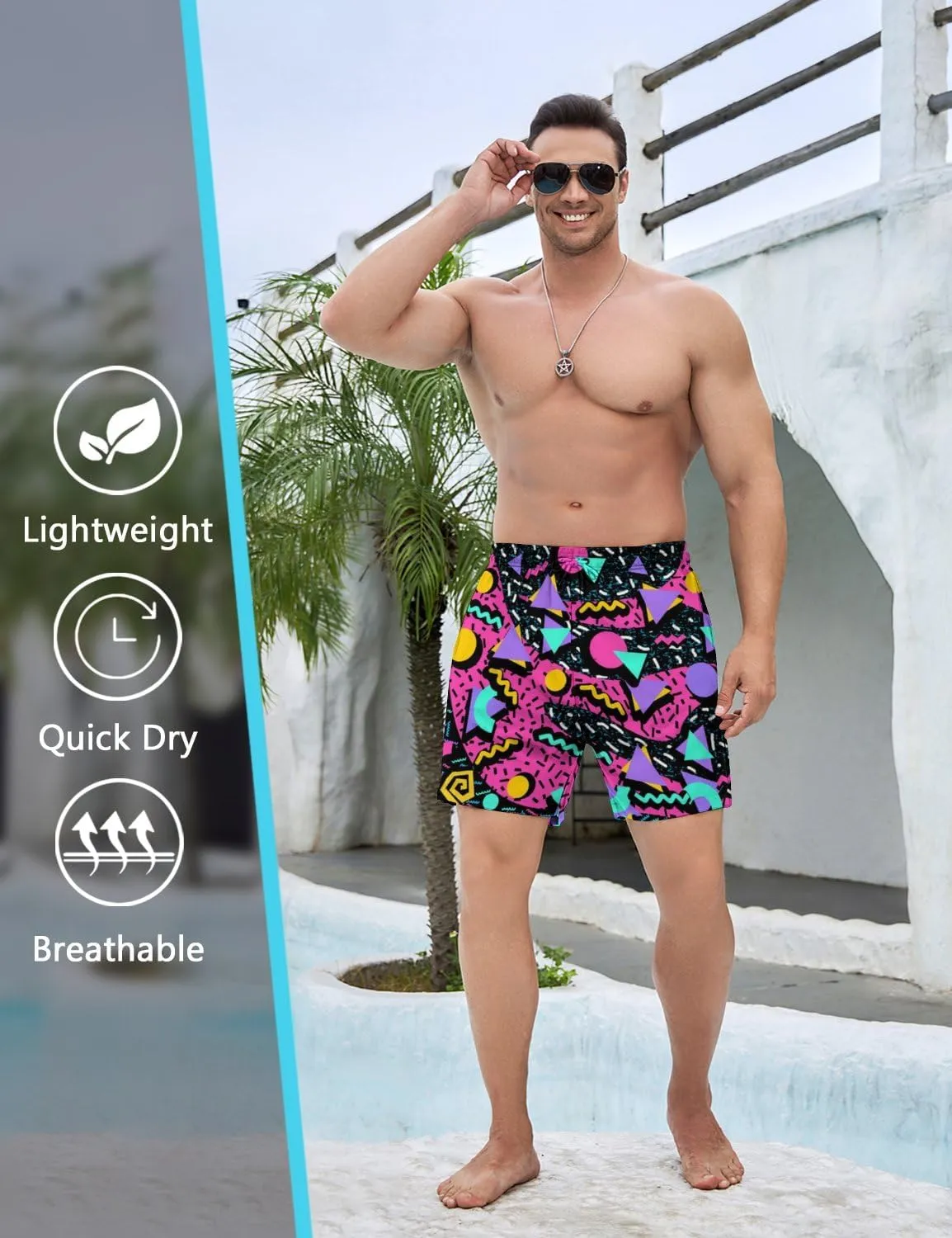 Mens Swim Trunks 2 in 1 Pattern 5 Inch Swimming Beach Shorts Casual Summer Board Shorts with Pockets