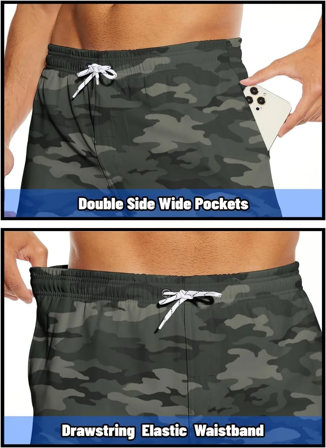 Mens Swim Trunks 2 in 1 Pattern 5 Inch Swimming Beach Shorts Casual Summer Board Shorts with Pockets