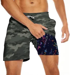 Mens Swim Trunks 2 in 1 Pattern 5 Inch Swimming Beach Shorts Casual Summer Board Shorts with Pockets