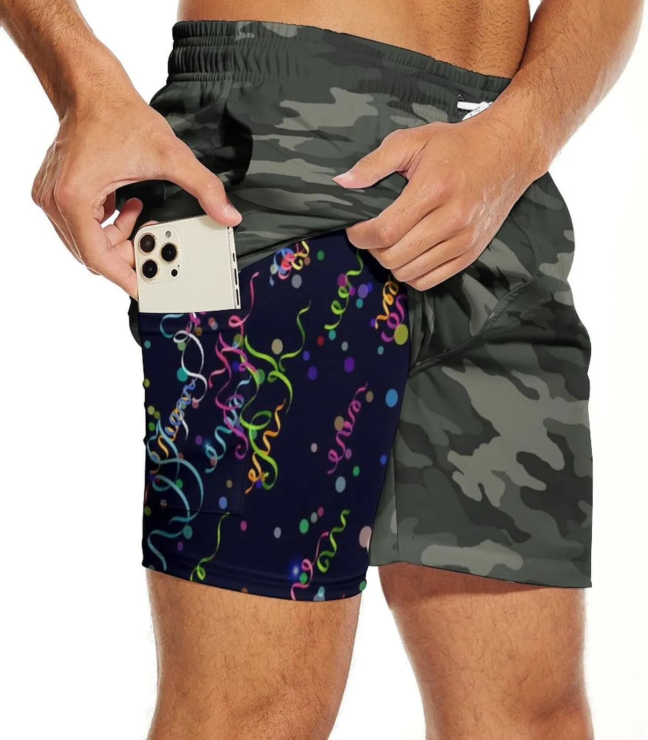 Mens Swim Trunks 2 in 1 Pattern 5 Inch Swimming Beach Shorts Casual Summer Board Shorts with Pockets