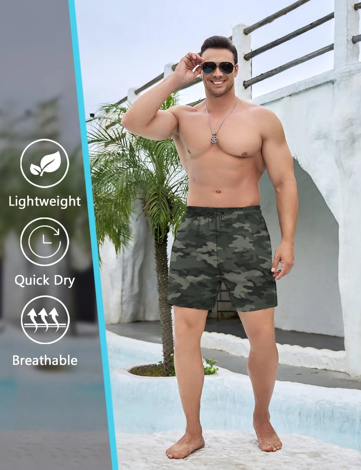 Mens Swim Trunks 2 in 1 Pattern 5 Inch Swimming Beach Shorts Casual Summer Board Shorts with Pockets