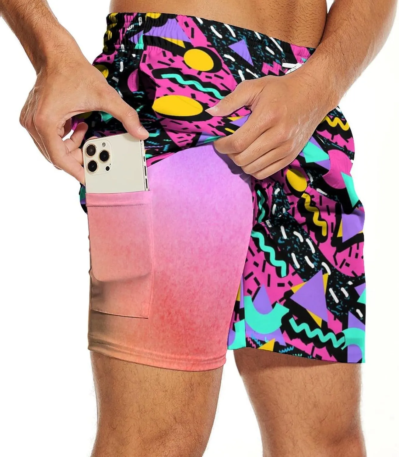 Mens Swim Trunks 2 in 1 Pattern 5 Inch Swimming Beach Shorts Casual Summer Board Shorts with Pockets