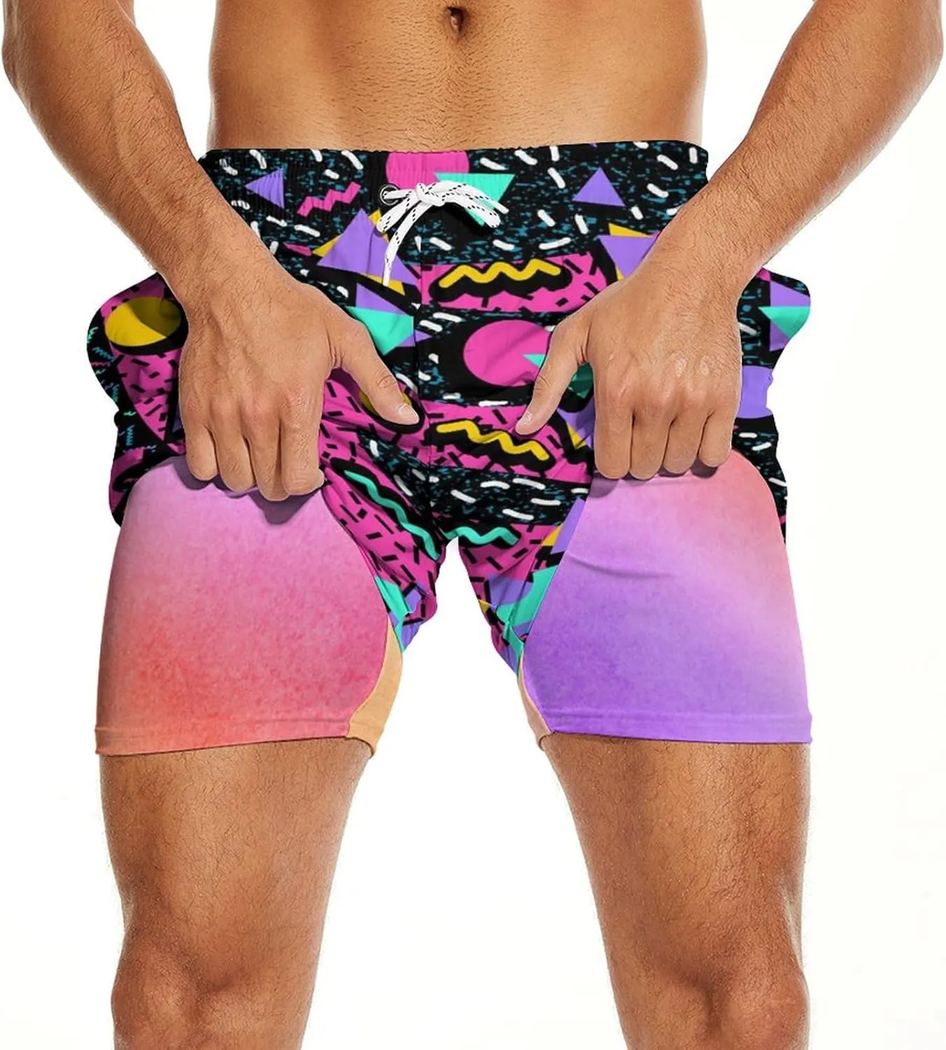 Mens Swim Trunks 2 in 1 Pattern 5 Inch Swimming Beach Shorts Casual Summer Board Shorts with Pockets