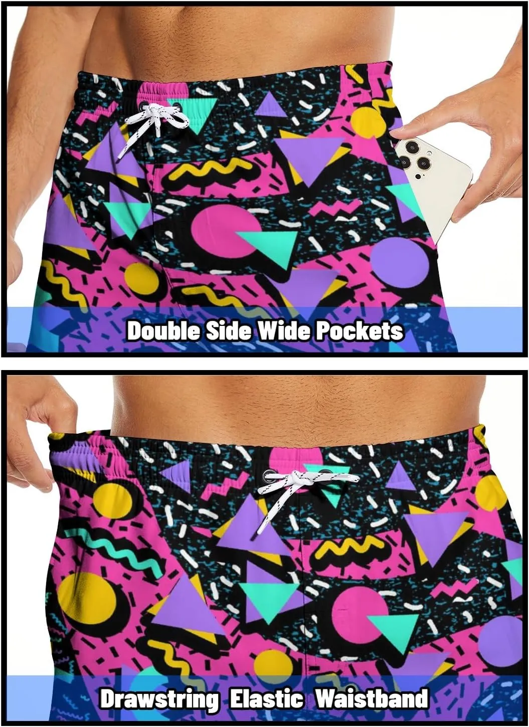 Mens Swim Trunks 2 in 1 Pattern 5 Inch Swimming Beach Shorts Casual Summer Board Shorts with Pockets