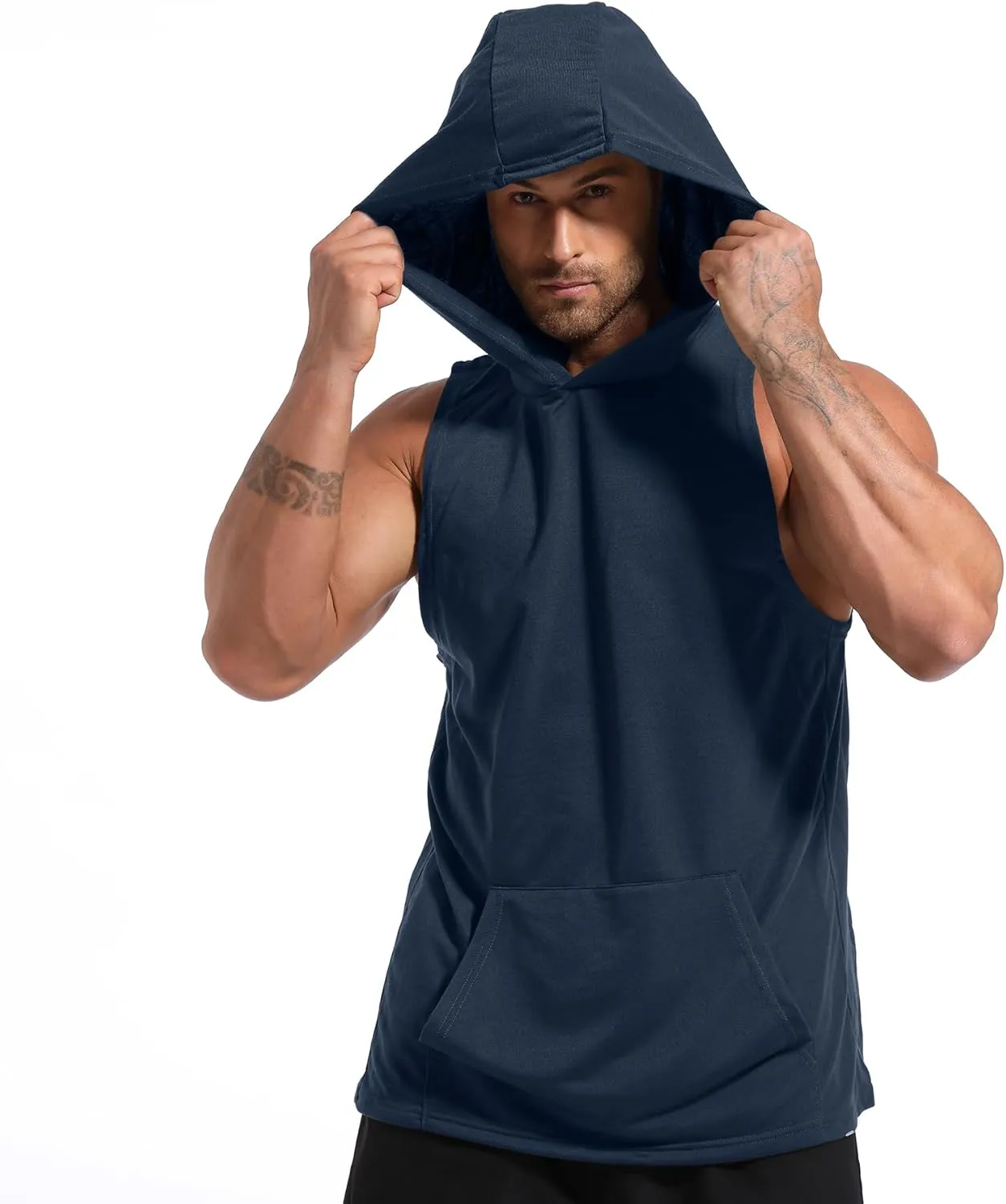 Men's Workout Hooded Tank Tops Gym Sleeveless Hoodies Dry fit Bodybuilding Muscle Cut Off T-Shirt Athletic Vest with Pocket