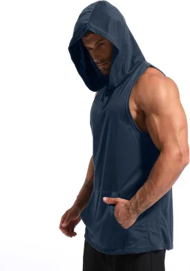 Men's Workout Hooded Tank Tops Gym Sleeveless Hoodies Dry fit Bodybuilding Muscle Cut Off T-Shirt Athletic Vest with Pocket
