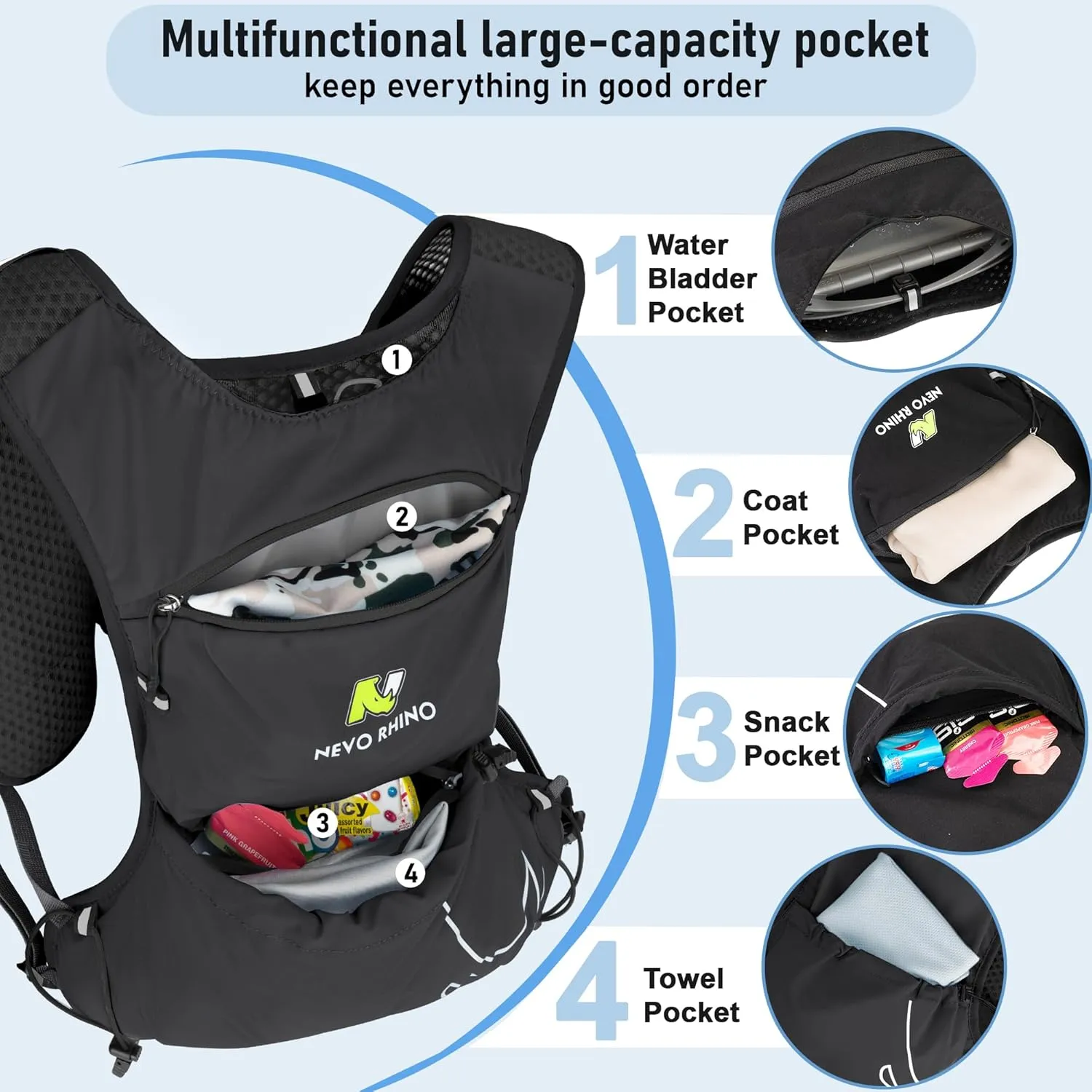 N NEVO RHINO Running Vest, Hydration Running Water Vest 5L with 1.5L Water Bladder Bag, Lightweight Hydration Pack Water Backpack Multi-Pocket for Hiking Race Trail Marathon for Women Men