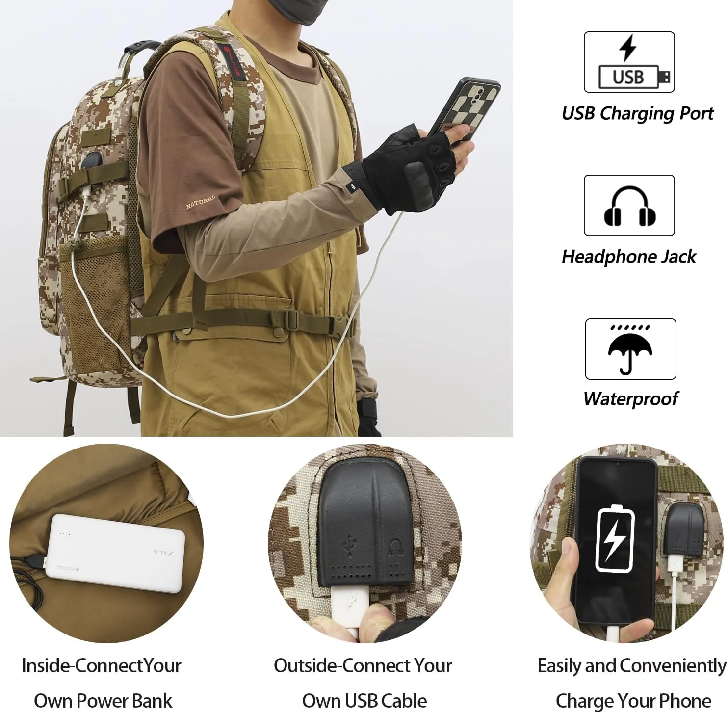 outdoor plus Camo Backpack for Boys,Military Teen Backpack with USB Port, Army Bookbag for School