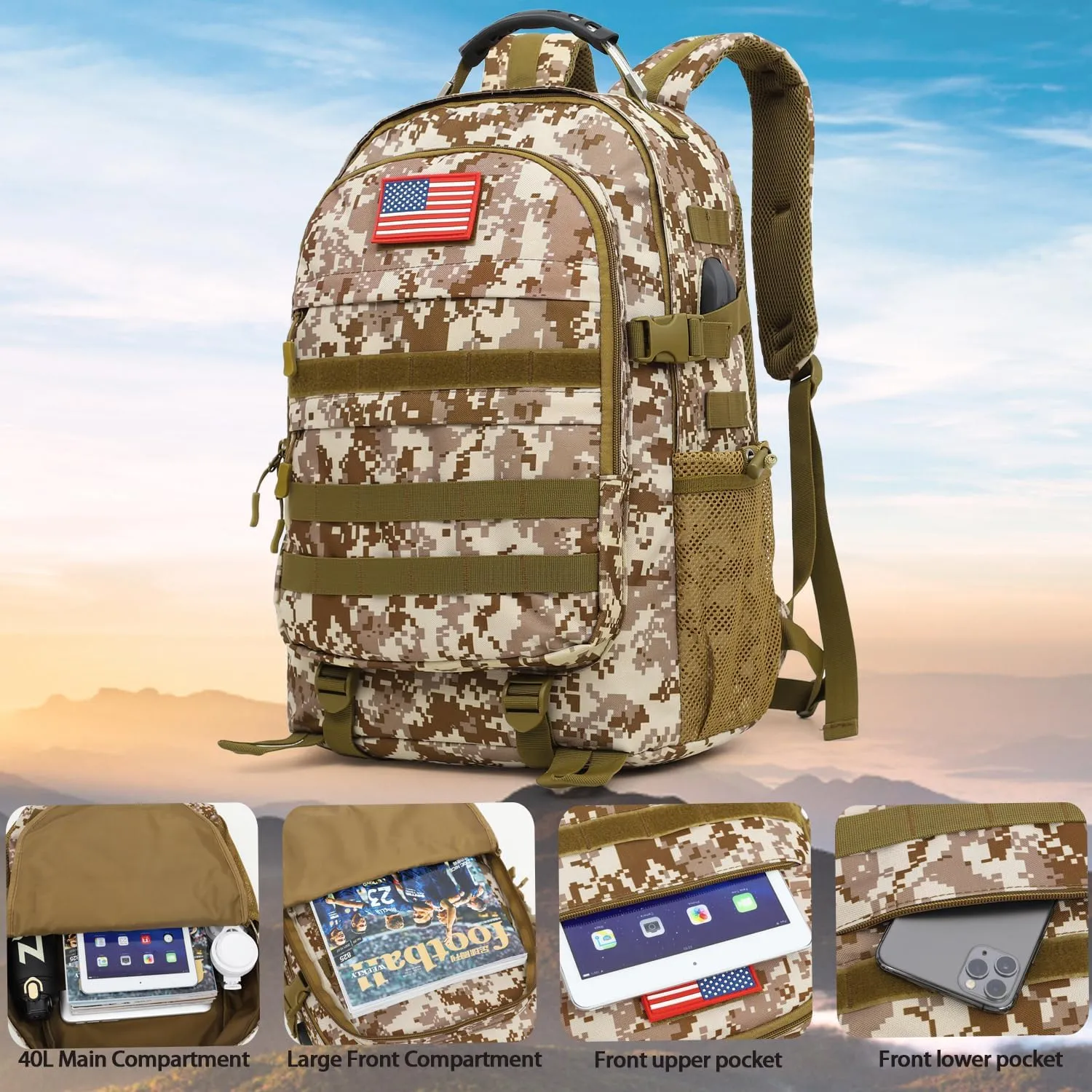 outdoor plus Camo Backpack for Boys,Military Teen Backpack with USB Port, Army Bookbag for School