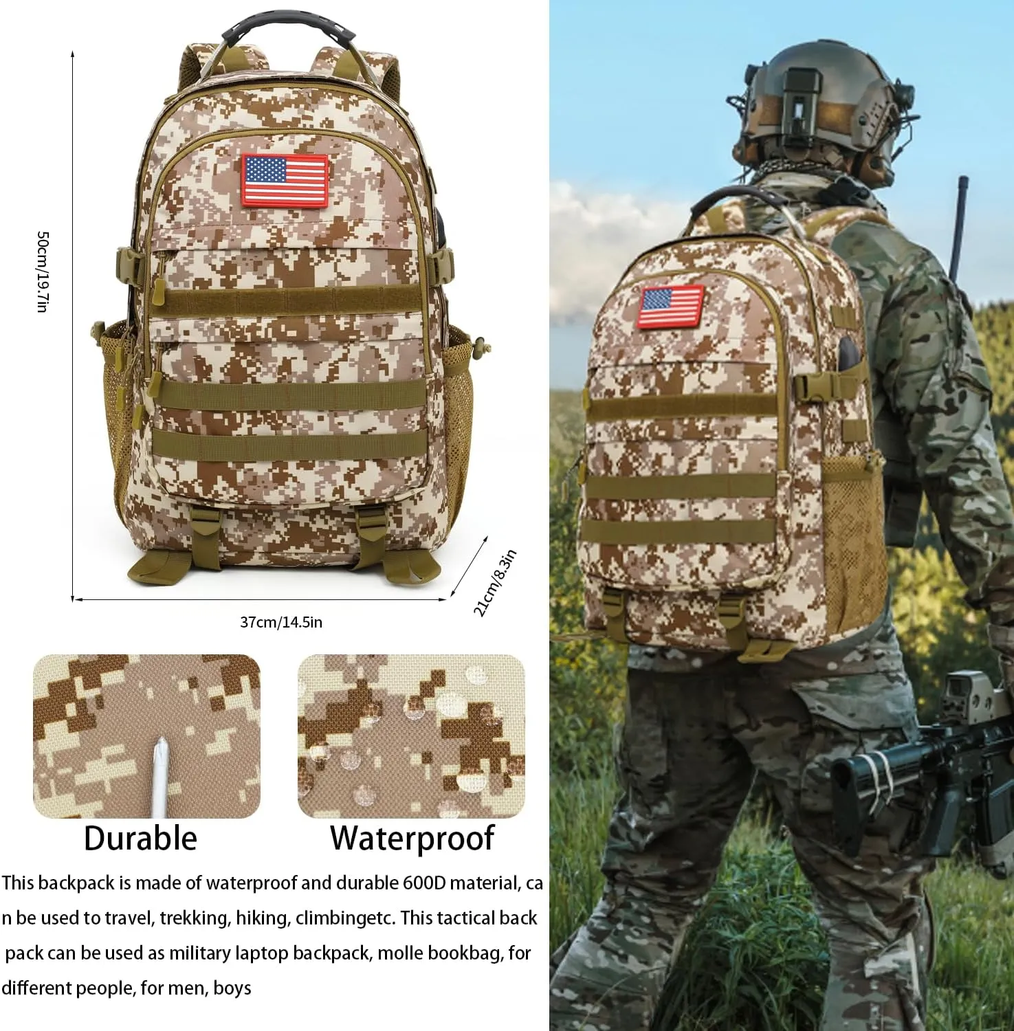 outdoor plus Camo Backpack for Boys,Military Teen Backpack with USB Port, Army Bookbag for School