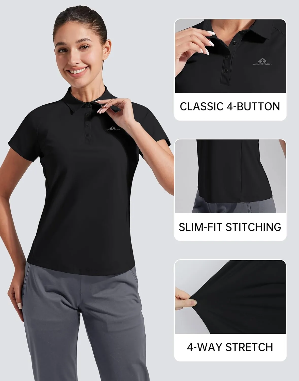 Pioneer Camp Women's Golf Shirt Short Sleeve Polo Shirts UPF 50  Quick Dry Collared Tennis Work Athletic Tops 4 Button