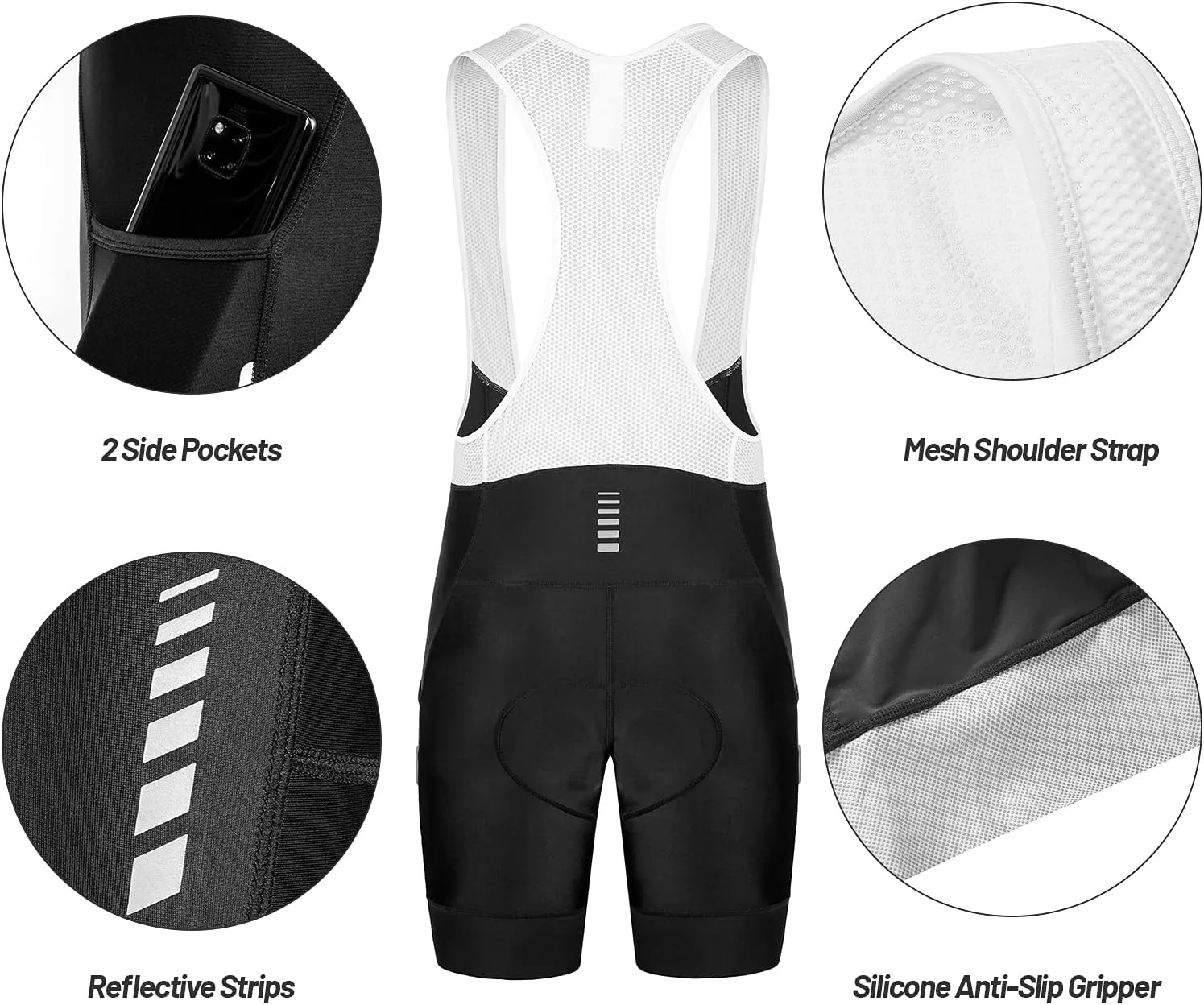 Przewalski Men's Cycling Bike Bib Shorts with Phone Pockets,4D Padded Breathable Biking Bicycle Bib Tights 