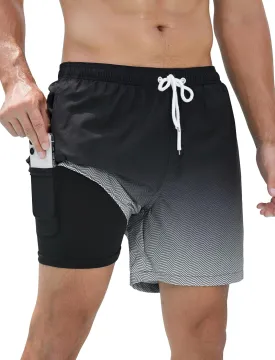 SILKWORLD Mens Swimming Trunks with Compression Liner Quick Dry 5 inch Swim Shorts with Zipper Pockets