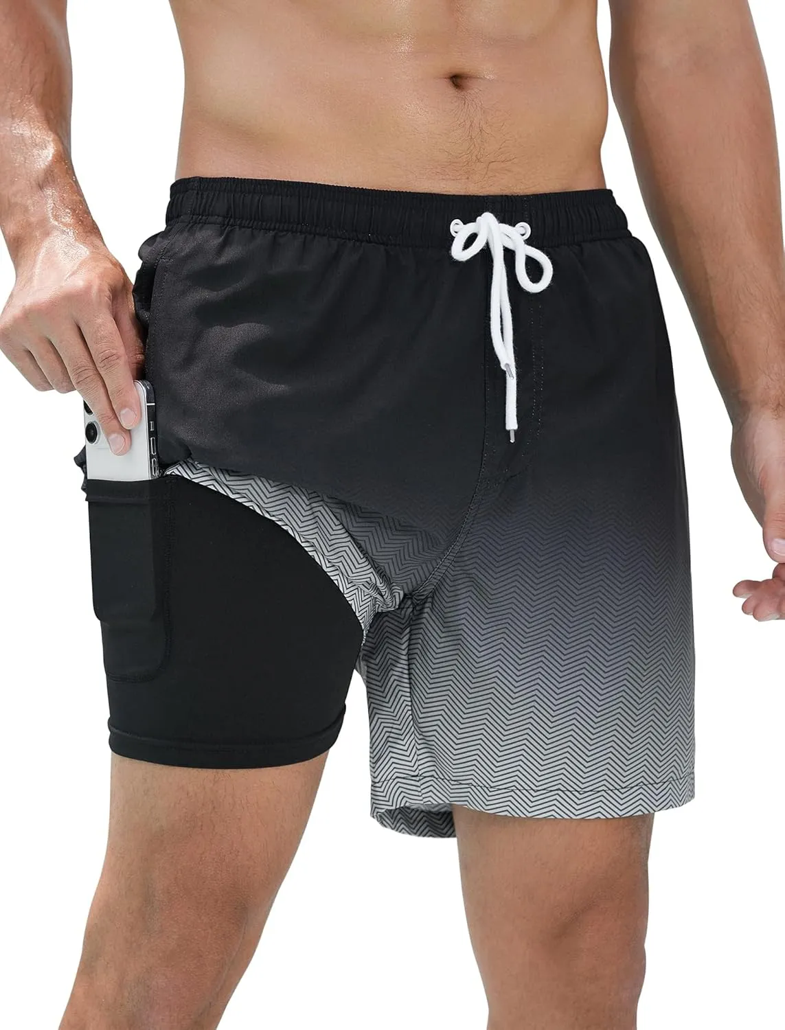 SILKWORLD Mens Swimming Trunks with Compression Liner Quick Dry 5 inch Swim Shorts with Zipper Pockets
